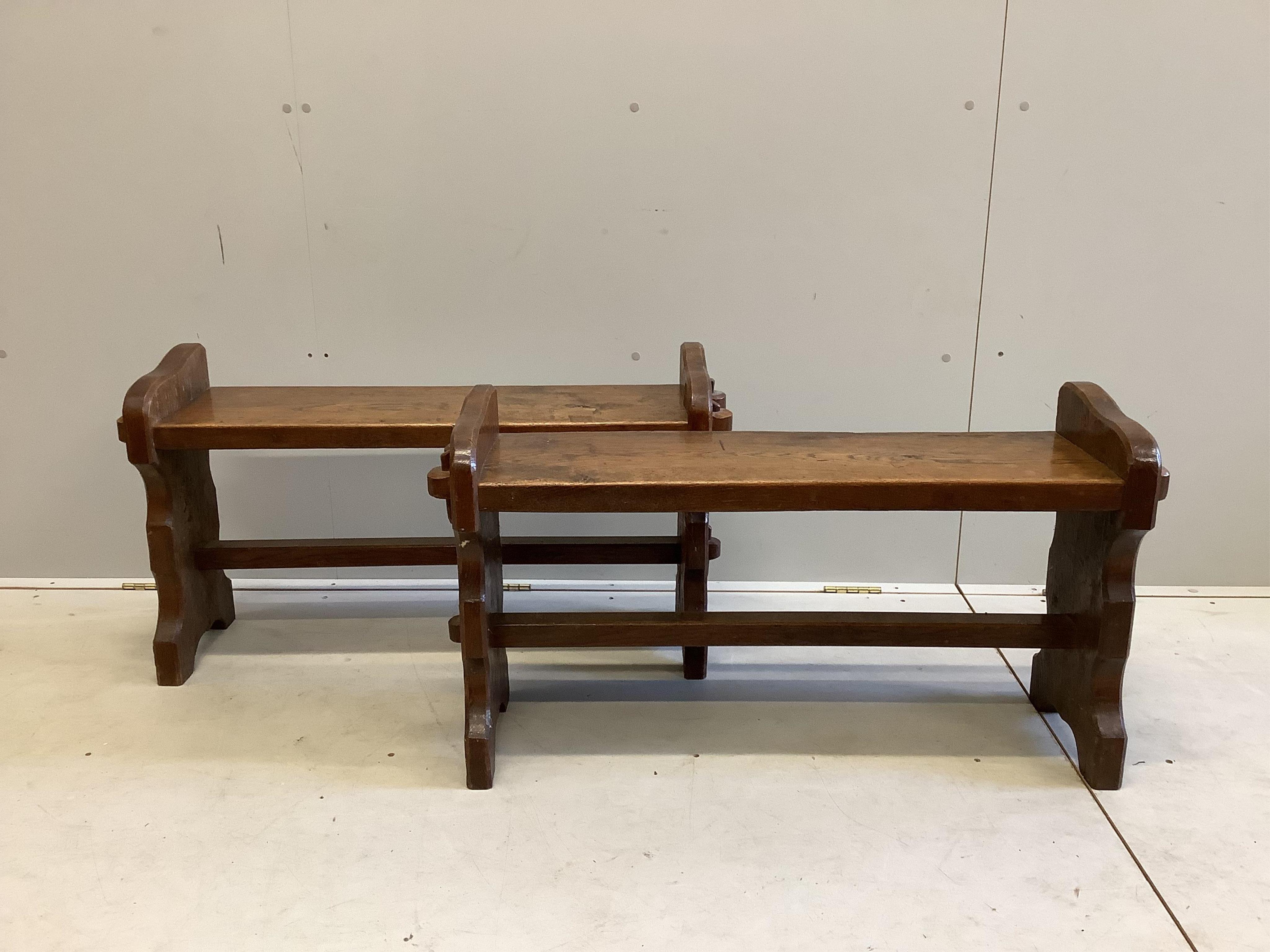 A pair of 18th century style small oak bench seats, width 96cm, depth 25cm, height 51cm